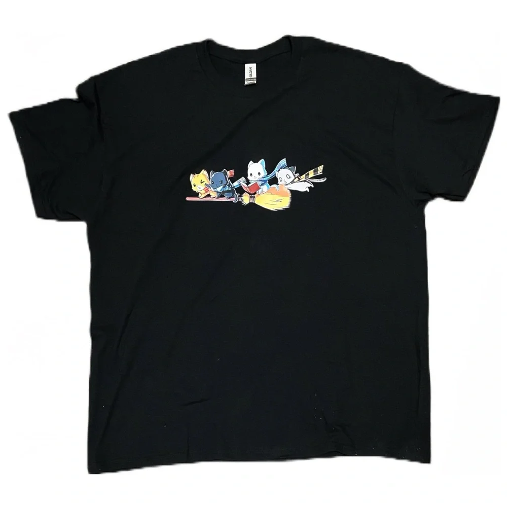 Kitties on a Broomstick Hogwarts House Cats Harry Potter Cute Kawaii T-Shirt - Picture 1 of 5